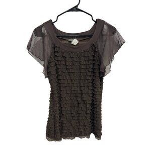 J.T.B. Brown Sheer Flutter Sleeves Ruffled Top Size Small Blouse Soft Comfy Fit